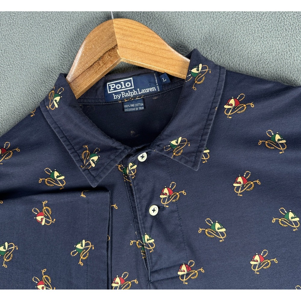 Ralph Lauren Polo Shirt Large Blue Equestrian Chain Print Geometric Horseshoe